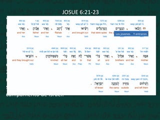 JOSUE 6:21-23
Y destruyeron a filo de espada todo lo que en la ciudad
había; hombres y mujeres, jóvenes y viejos, hasta los
bueyes, las ovejas, y los asnos.
22 Mas Josué dijo a los dos hombres que habían
reconocido la tierra: Entrad en casa de la mujer ramera, y
haced salir de allí a la mujer y a todo lo que fuere suyo,
como lo jurasteis.
23 Y los espías entraron y sacaron a Rahab, a su padre, a su
madre, a sus hermanos y todo lo que era suyo; y también
sacaron a toda su parentela, y los pusieron fuera del
campamento de Israel.
Y entraronLos jovenes
 