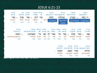 JOSUE 6:21-23
Y destruyeron a filo de espada todo lo que en la ciudad
había; hombres y mujeres, jóvenes y viejos, hasta los
bueyes, las ovejas, y los asnos.
22 Mas Josué dijo a los dos hombres que habían
reconocido la tierra: Entrad en casa de la mujer ramera, y
haced salir de allí a la mujer y a todo lo que fuere suyo,
como lo jurasteis.
23 Y los espías entraron y sacaron a Rahab, a su padre, a su
madre, a sus hermanos y todo lo que era suyo; y también
sacaron a toda su parentela, y los pusieron fuera del
campamento de Israel.
Y entraronLos jovenesQue eran
espias
Y sacaron
 