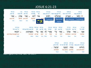 JOSUE 6:21-23
Y destruyeron a filo de espada todo lo que en la ciudad
había; hombres y mujeres, jóvenes y viejos, hasta los
bueyes, las ovejas, y los asnos.
22 Mas Josué dijo a los dos hombres que habían
reconocido la tierra: Entrad en casa de la mujer ramera, y
haced salir de allí a la mujer y a todo lo que fuere suyo,
como lo jurasteis.
23 Y los espías entraron y sacaron a Rahab, a su padre, a su
madre, a sus hermanos y todo lo que era suyo; y también
sacaron a toda su parentela, y los pusieron fuera del
campamento de Israel.
Y entraronLos jovenesQue eran
espias
Y sacaron
 