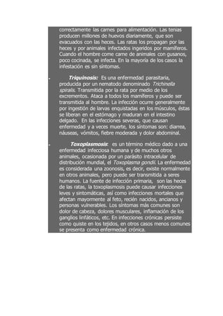 correctamente las carnes para alimentación. Las tenias
producen millones de huevos diariamente, que son
evacuados con las heces. Las ratas los propagan por las
heces y por animales infectados ingeridos por mamíferos.
Cuando el hombre come carne de animales con gusanos,
poco cocinada, se infecta. En la mayoría de los casos la
infestación es sin síntomas.
 Triquinosis: Es una enfermedad parasitaria,
producida por un nematodo denominado Trichinella
spiralis. Transmitida por la rata por medio de los
excrementos. Ataca a todos los mamíferos y puede ser
transmitida al hombre. La infección ocurre generalmente
por ingestión de larvas enquistadas en los músculos, éstas
se liberan en el estómago y maduran en el intestino
delgado. En las infecciones severas, que causan
enfermedad y a veces muerte, los síntomas son: diarrea,
náuseas, vómitos, fiebre moderada y dolor abdominal.
 Toxoplasmosis: es un término médico dado a una
enfermedad infecciosa humana y de muchos otros
animales, ocasionada por un parásito intracelular de
distribución mundial, el Toxoplasma gondii. La enfermedad
es considerada una zoonosis, es decir, existe normalmente
en otros animales, pero puede ser transmitida a seres
humanos. La fuente de infección primaria, son las heces
de las ratas, la toxoplasmosis puede causar infecciones
leves y sintomáticas, así como infecciones mortales que
afectan mayormente al feto, recién nacidos, ancianos y
personas vulnerables. Los síntomas más comunes son
dolor de cabeza, dolores musculares, inflamación de los
ganglios linfáticos, etc. En infecciones crónicas persiste
como quiste en los tejidos, en otros casos menos comunes
se presenta como enfermedad crónica.
 