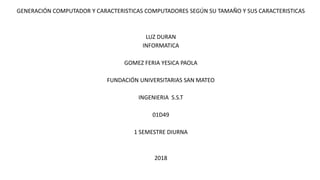 GENERACIÓN COMPUTADOR Y CARACTERISTICAS COMPUTADORES SEGÚN SU TAMAÑO Y SUS CARACTERISTICAS
LUZ DURAN
INFORMATICA
GOMEZ FERIA YESICA PAOLA
FUNDACIÓN UNIVERSITARIAS SAN MATEO
INGENIERIA S.S.T
01D49
1 SEMESTRE DIURNA
2018
 