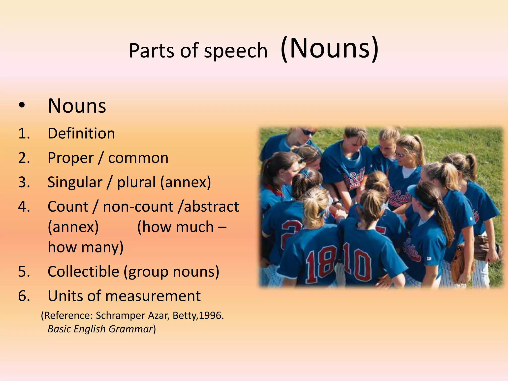 Parts of speech (Nouns)
• Nouns
1. Definition
2. Proper / common
3. Singular / plural (annex)
4. Count / non-count /abstract
(annex) (how much –
how many)
5. Collectible (group nouns)
6. Units of measurement
(Reference: Schramper Azar, Betty,1996.
Basic English Grammar)
 