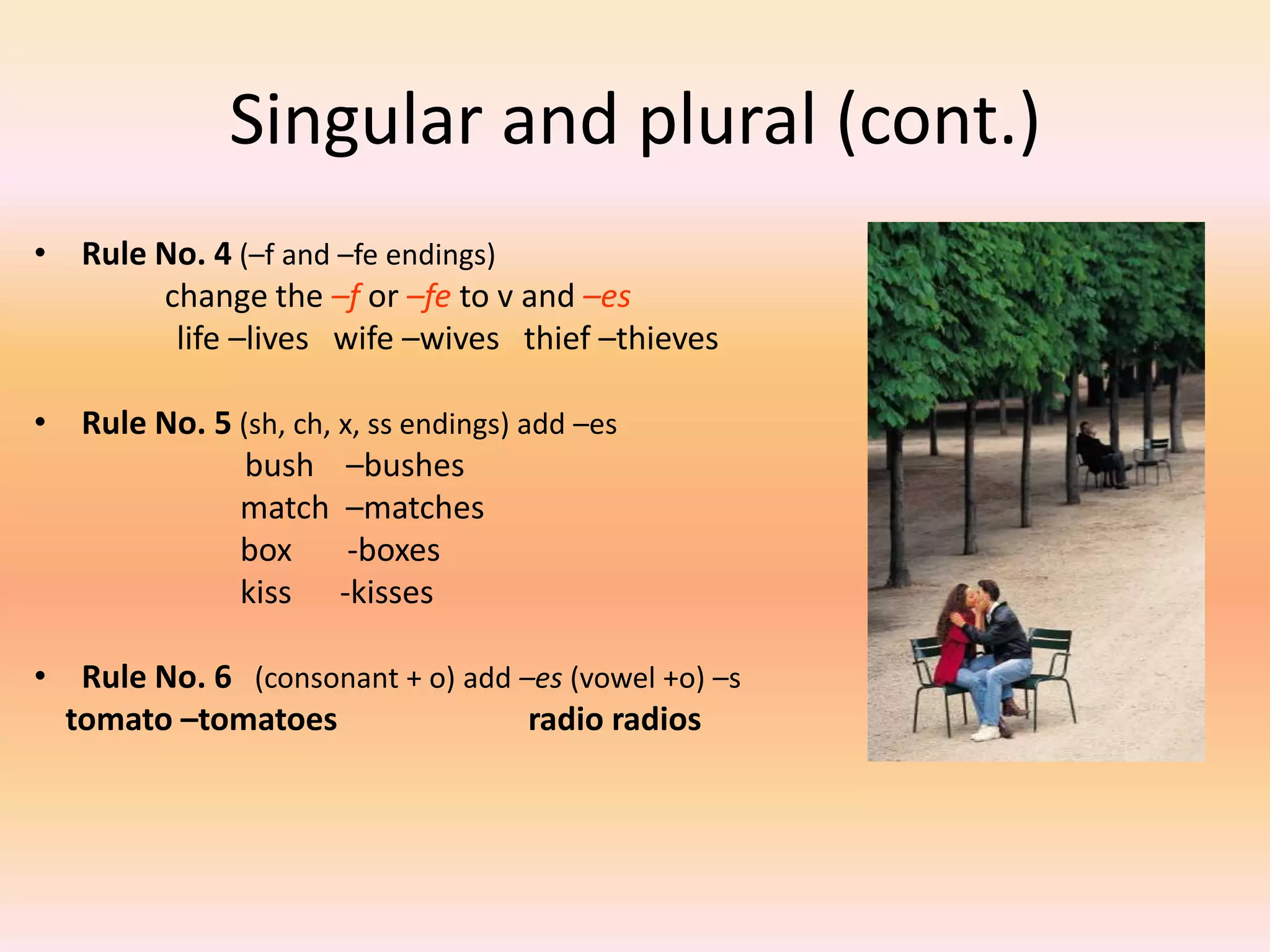 Singular and plural (cont.)
• Rule No. 4 (–f and –fe endings)
change the –f or –fe to v and –es
life –lives wife –wives thief –thieves
• Rule No. 5 (sh, ch, x, ss endings) add –es
bush –bushes
match –matches
box -boxes
kiss -kisses
• Rule No. 6 (consonant + o) add –es (vowel +o) –s
tomato –tomatoes radio radios
 