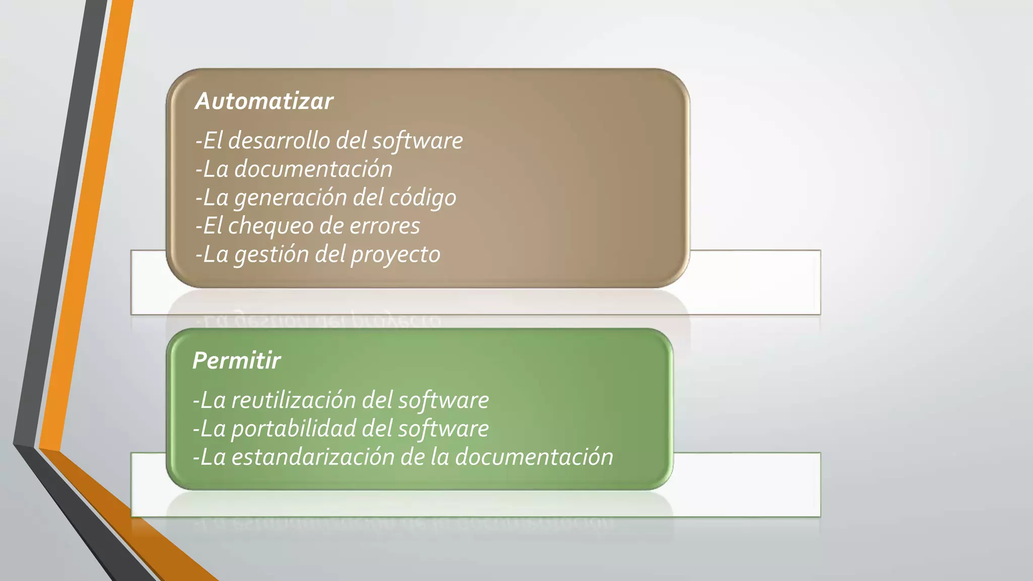 Automatizar
-El desarrollo del software
-La documentación
-La generación del código
-El chequeo de errores
-La gestión del proyecto
Permitir
-La reutilización del software
-La portabilidad del software
-La estandarización de la documentación
 
