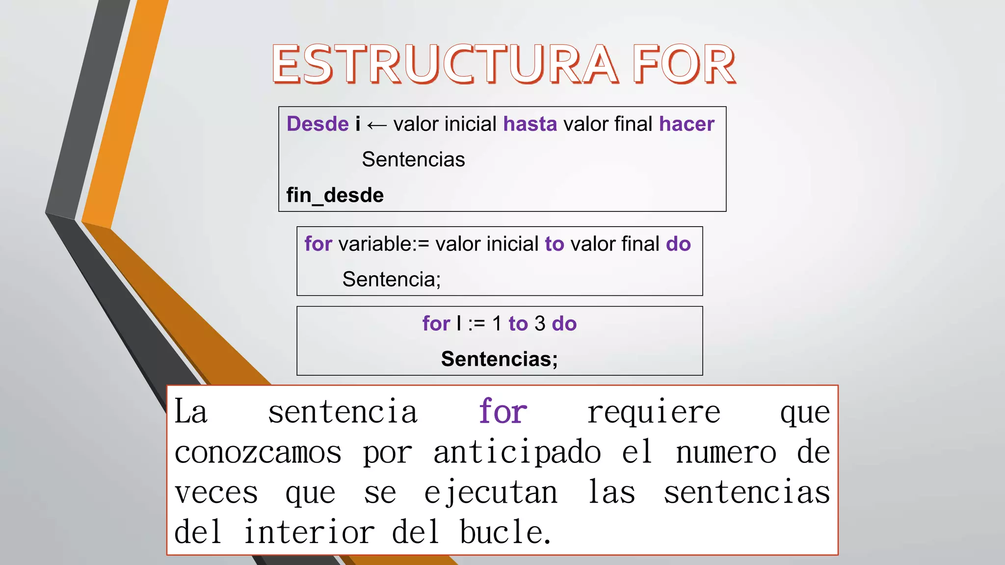 La sentencia for requiere que
conozcamos por anticipado el numero de
veces que se ejecutan las sentencias
del interior del bucle.
Desde i ← valor inicial hasta valor final hacer
Sentencias
fin_desde
for variable:= valor inicial to valor final do
Sentencia;
for I := 1 to 3 do
Sentencias;
 