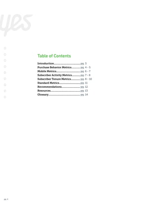 Table of Contents
Introduction........................................	pg. 3	
Purchase Behavior Metrics.............	pg. 4 - 5
Mobile Metrics....................................	pg. 6 - 7
Subscriber Activity Metrics.............	pg. 7 - 8
Subscriber Tenure Metrics..............	pg. 8 - 10
Standard Metrics................................	pg. 11
Recommendations............................	pg. 12
Resources.............................................	pg. 13
Glossary................................................	pg. 14

pg. 2

 