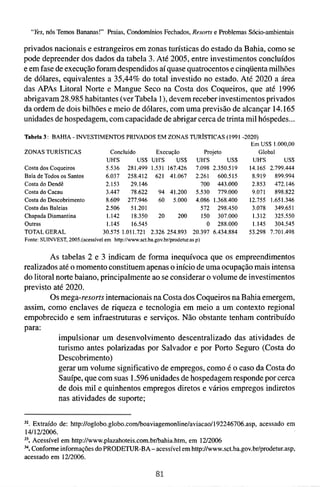 "Yes, n6s Temos Bananas!" Praias, Condomínios Fechados, Resorts e Problemas Sócio-ambientais

privados nacionais e estrangeiros em zonas turísticas do estado da Bahia, como se
pode depreender dos dados da tabela 3. Até 2005, entre investimentos concluídos
e em fase de execução foram despendidos aí quase quatrocentos e cinqüenta milhões
de dólares, equivalentes a 35,44% do total investido no estado. Até 2020 a ái-ea
das APAs Litoral Norte e Mangue Seco na Costa dos Coqueiros, que até 1996
abrigavam 28.985 habitantes (ver Tabela I), devem receber investimentos privados
da ordem de dois bilhões e meio de dólares, com uma previsão de alcançar 14.165
unidades de hospedagem, com capacidade de abrigar cerca de trinta mil hóspedes ...

Tabela 3: BAHIA - INVESTIMENTOS PRIVADOS EM ZONAS TUR~STICAS                  (1991 -2020)
                                                                                        Ein US$ 1.000,00
ZONAS TUR~STICAS                   Concluído         Execução         Projeto              Global
                                 UH'S         US$ UH'S      USS UH'S          USS        UH'S       UL
                                                                                                     SS
Costa dos Coqueiros              5.536 281.499 1.531 167.426 7.098 2.350.5 19          14.165 2.799.444
Baía de Todos os Santos          6.037 258.412 621 41.067 2.261 600.515                 8.919 899.994
Costa do Dendê                   2.153     29.146                    700 443.000        2.853 472.146
Costa do Cacau                   3.447     78.622     94 41.200 5.530 779.000           9.071 898.822
Costa do Descobrimento           8.609 277.946        60 5.000 4.086 1.368.400         12.755 1.651.346
Costa das Baleias                2.506     5 1.201                   572 298.450        3.078 349.651
Chapada Diarnantina              1.142     18.350     20     200     150 307.000         1.312 325.550
Outras                           1.145     16.545                      O 288.000         1.145 304.545
TOTAL GERAL                    30.575 1 .O1 1.72 1 2.326 254.893 20.397 6.434.884      53.298 7.701.498
Fonte: SUTNVEST, 2005.(acessivelem http://~~.sct.ba.gov.br/prode~as
                                                                  p)


         As tabelas 2 e 3 indicam de forma inequívoca que os empreendimentos
realizados até o momento constituem apenas o início de uma ocupação mais intensa
do litoral norte baiano, principalmente ao se considerar o volume de investimentos
previsto até 2020.
         Os mega-resorts internacionais na Costa dos Coqueiros na Bahia emergem,
assim, como enclaves de riqueza e tecnologia em meio a um contexto regional
empobrecido e sem infraestmturas e serviços. Não obstante tenham contribuído
para:
            impulsionar um desenvolvimento descentralizado das atividades de
            turismo antes polarizadas por Salvador e por Porto Seguro (Costa do
            Descobrimento)
            gerar um volume significativo de empregos, como é o caso da Costa do
            Sauípe, que com suas 1.596 unidades de hospedagem responde por cerca
            de dois mil e quinhentos empregos diretos e vários empregos indiretos
            nas atividades de suporte;

32.   Extraído de: http://oglobo.globo.com/boaviagemonline/aviacao/l92246706.asp, acessado em
1 11212006.
 4
33.   Acessível em http://www.plazahoteis.com.brlbahia.htm, em 1212006
". Conforme informações do PRODETUR-BA- acessível em http://www.sct.ba.gov.br/prodetur.asp,
acessado em 1212006.
 