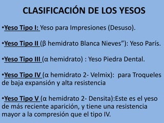 CLASIFICACIÓN DE LOS YESOS
•Yeso Tipo I: Yeso para Impresiones (Desuso).
•Yeso Tipo II (β hemidrato Blanca Nieves”): Yeso París.
•Yeso Tipo III (α hemidrato) : Yeso Piedra Dental.
•Yeso Tipo IV (α hemidrato 2- Velmix): para Troqueles
de baja expansión y alta resistencia
•Yeso Tipo V (α hemidrato 2- Densita):Este es el yeso
de más reciente aparición, y tiene una resistencia
mayor a la compresión que el tipo IV.
 