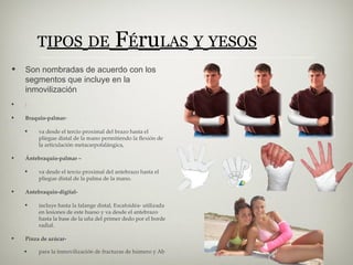 TIPOS DE FÉruLAS Y YESOS
•
•
Son nombradas de acuerdo con los
segmentos que incluye en la
inmovilización
:
• Braquio-palmar-
• va desde el tercio proximal del brazo hasta el
pliegue distal de la mano permitiendo la ﬂexión de
la articulación metacarpofalángica,
• Ántebraquio-palmar –
• va desde el tercio proximal del antebrazo hasta el
pliegue distal de la palma de la mano.
• Antebraquio-digital-
• incluye hasta la falange distal, Escafoidéa- utilizada
en lesiones de este hueso y va desde el antebrazo
hasta la base de la uña del primer dedo por el borde
radial.
• Pinza de azúcar-
• para la inmovilización de fracturas de húmero y Ab
 