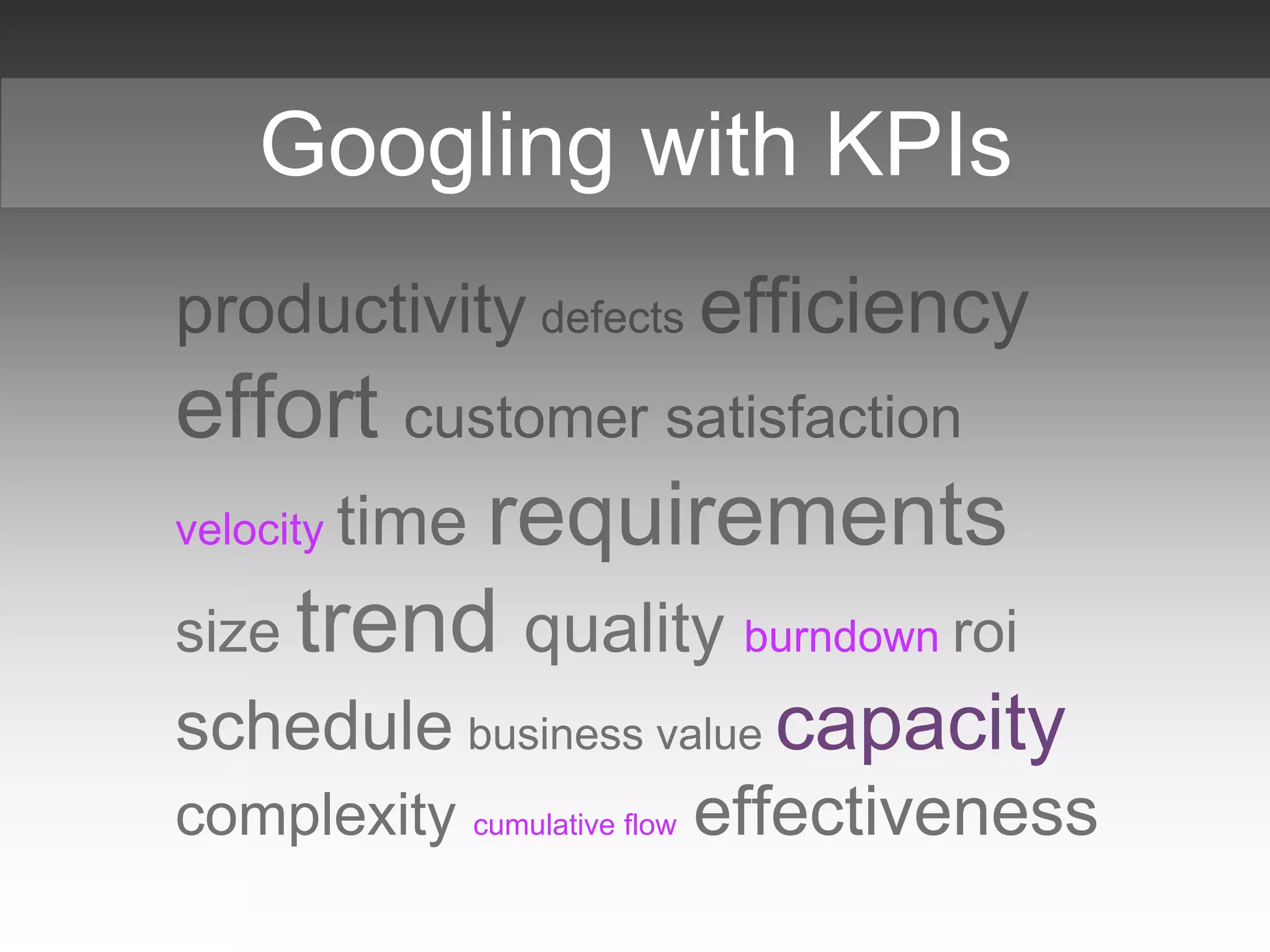 productivity defects efficiency
effort customer satisfaction
velocity time requirements
size trend quality burndown roi
schedule business value capacity
complexity cumulative flow effectiveness
Googling with KPIs
 