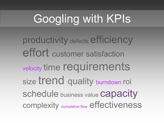 productivity defects efficiency
effort customer satisfaction
velocity time requirements
size trend quality burndown roi
schedule business value capacity
complexity cumulative flow effectiveness
Googling with KPIs
 