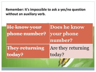 Remember: It's impossible to ask a yes/no question without an auxiliary verb. 