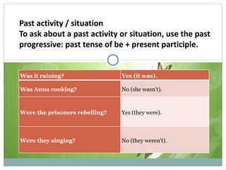 Past activity / situation To ask about a past activity or situation, use the past progressive: past tense of be + present participle. Examples : Was it raining? Yes (it was). Was Anna cooking? No (she wasn't). Were the prisoners rebelling? Yes (they were). Were they singing? No (they weren't). 