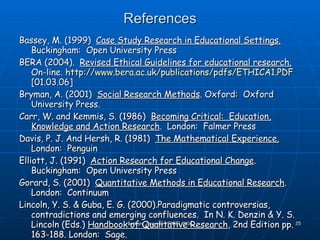 References Bassey, M. (1999)  Case Study Research in Educational Settings.   Buckingham:  Open University Press BERA (2004).  Revised Ethical Guidelines for educational research.   On-line.  http://www.bera.ac.uk/publications/pdfs/ETHICA1.PDF  [01.03.06] Bryman, A. (2001)  Social Research Methods . Oxford:  Oxford University Press. Carr, W. and Kemmis, S. (1986)  Becoming Critical:  Education, Knowledge and Action Research .  London:  Falmer Press Davis, P. J. And Hersh, R. (1981)  The Mathematical Experience.   London:  Penguin Elliott, J. (1991)  Action Research for Educational Change . Buckingham:  Open University Press Gorard, S. (2001)  Quantitative Methods in Educational Research .  London:  Continuum Lincoln, Y. S. & Guba, E. G. (2000).Paradigmatic controversias, contradictions and emerging confluences.  In N. K. Denzin & Y. S. Lincoln (Eds.)  Handbook of Qualitative Research , 2nd Edition pp. 163-188. London:  Sage.  