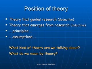 Position of theory Theory that guides research  (deductive) Theory that emerges from research  (inductive) …  principles … …  assumptions … What kind of theory are we talking about? What do we mean by theory? 