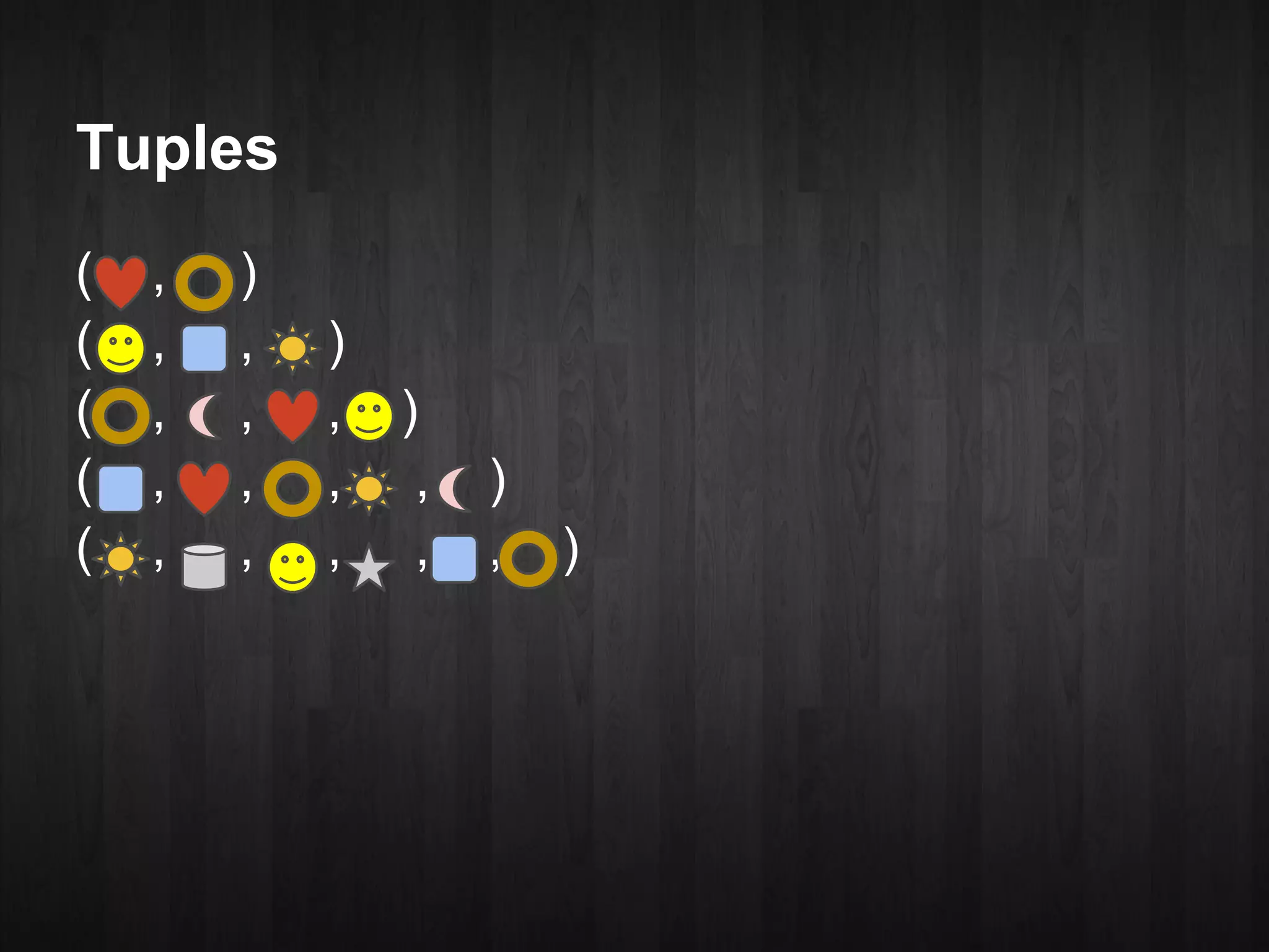 Tuples
(   ,   )
(   ,   ,   )
(   ,   ,   ,   )
(   ,   ,   ,    ,   )
(   ,   ,   ,    ,   ,   )
 