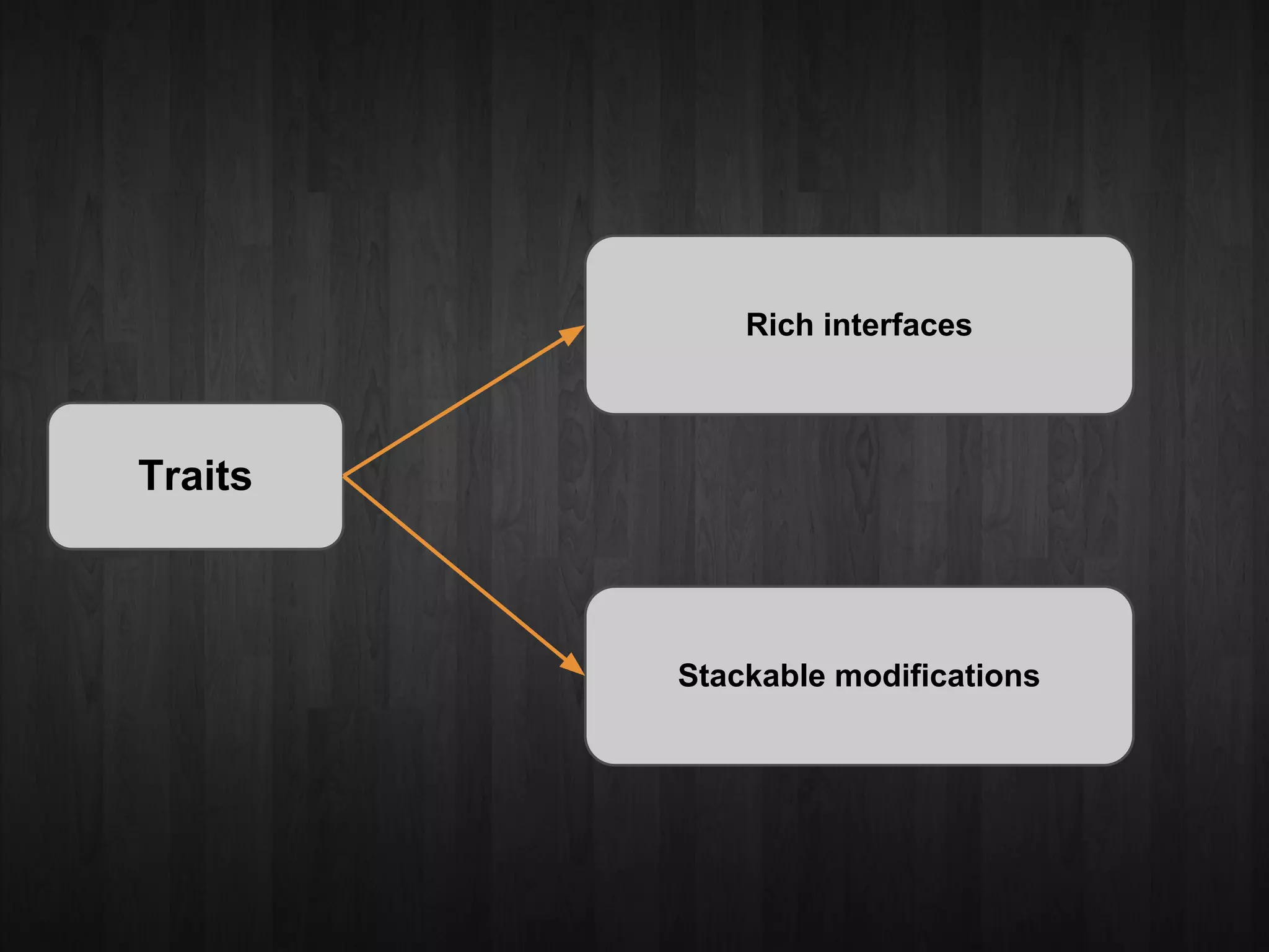 Rich interfaces



Traits



         Stackable modifications
 