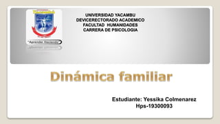 UNIVERSIDAD YACAMBU
DEVICERECTORADO ACADEMICO
FACULTAD HUMANIDADES
CARRERA DE PSICOLOGIA
Estudiante: Yessika Colmenarez
Hps-19300093
 