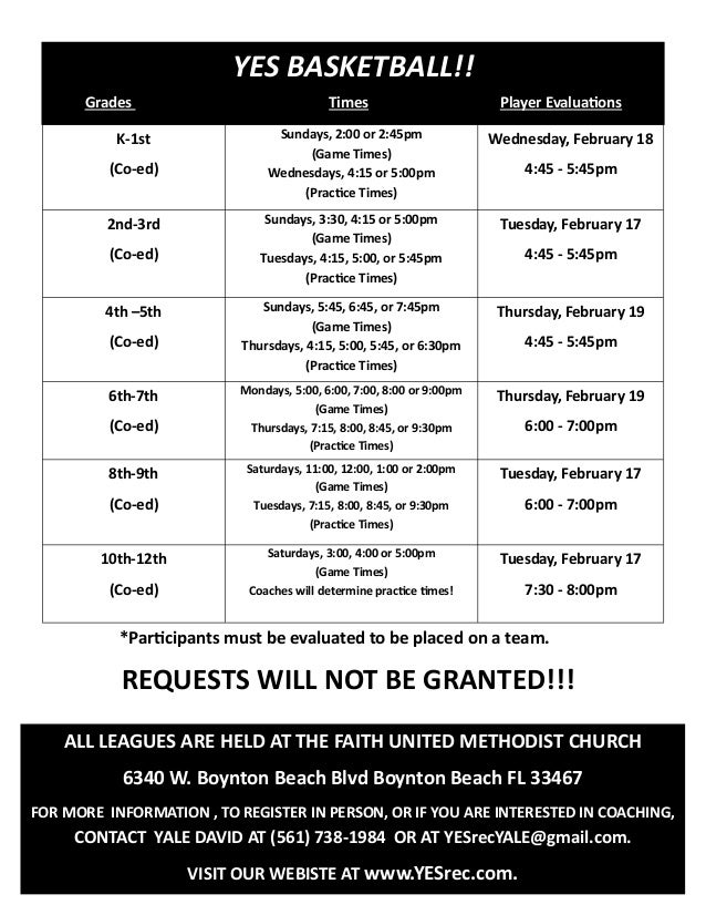 YES Spring Basketball Schedule