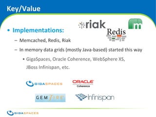 Key/Value

• Implementations:
  – Memcached, Redis, Riak
  – In memory data grids (mostly Java-based) started this way
     • GigaSpaces, Oracle Coherence, WebSphere XS,
       JBoss Infinispan, etc.




                                      ® Copyright 2010 Gigaspaces Ltd. All Rights Reserved
 