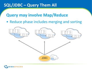 SQL/JDBC – Query Them All

 Query may involve Map/Reduce
 • Reduce phase includes merging and sorting




                     JDBC


                            ® Copyright 2010 Gigaspaces Ltd. All Rights Reserved
 