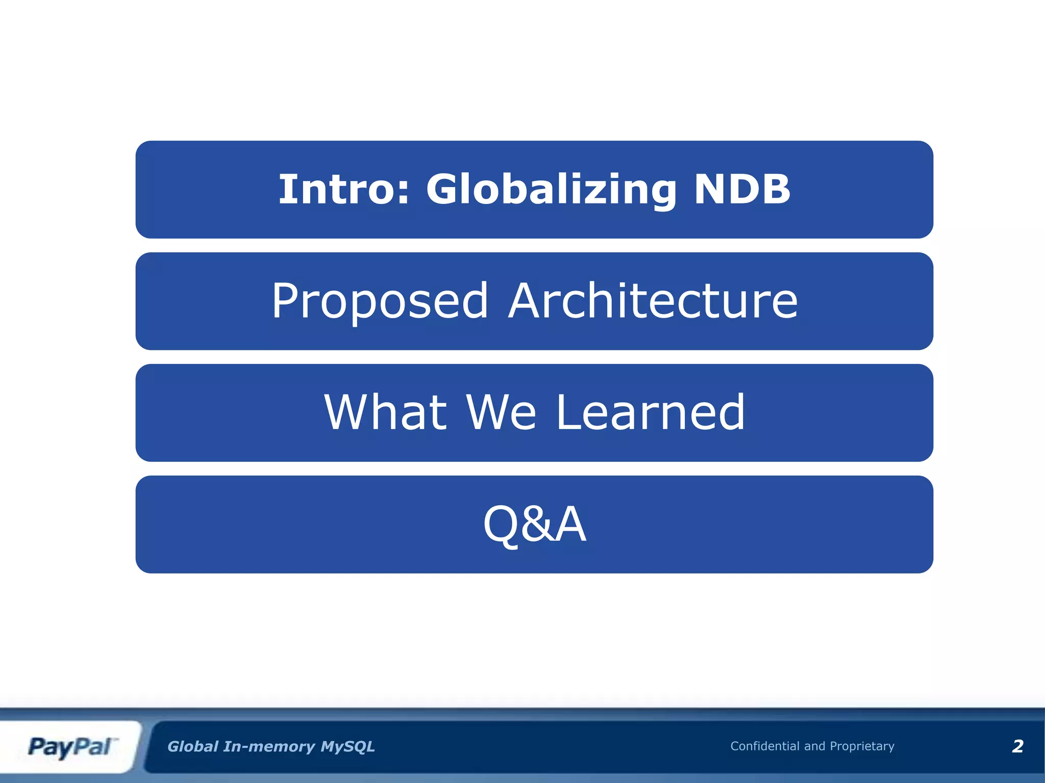 Intro: Globalizing NDB

          Proposed Architecture

                What We Learned

                         Q&A



Global In-memory MySQL         Confidential and Proprietary   2
 