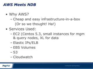 AWS Meets NDB

• Why AWS?
  – Cheap and easy infrastructure-in-a-box
     (Or so we thought! Ha!)
• Services Used:
  – EC2 (Centos 5.3, small instances for mgm
    & query nodes, XL for data
  – Elastic IPs/ELB
  – EBS Volumes
  – S3
  – Cloudwatch

                                 Confidential and Proprietary
 
