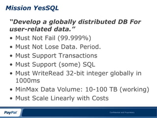 Mission YesSQL

 “Develop a globally distributed DB For
 user-related data.”
 • Must Not Fail (99.999%)
 • Must Not Lose Data. Period.
 • Must Support Transactions
 • Must Support (some) SQL
 • Must WriteRead 32-bit integer globally in
   1000ms
 • MinMax Data Volume: 10-100 TB (working)
 • Must Scale Linearly with Costs

                               Confidential and Proprietary
 