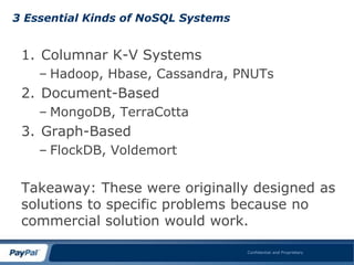 3 Essential Kinds of NoSQL Systems


 1. Columnar K-V Systems
    – Hadoop, Hbase, Cassandra, PNUTs
 2. Document-Based
    – MongoDB, TerraCotta
 3. Graph-Based
    – FlockDB, Voldemort

 Takeaway: These were originally designed as
 solutions to specific problems because no
 commercial solution would work.

                                     Confidential and Proprietary
 