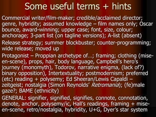 Some useful terms + hints
Commercial writer/film-maker; credible/acclaimed director;
genre, hybridity; assumed knowledge – film names only; Oscar
bounce, award-winning; upper case; font, size, colour;
anchorage; 3-part list (on tagline versions); A-list (absent)
Release strategy; summer blockbuster; counter-programming;
wide release; moved up
Protagonist – Proppian archetype of…; framing; clothing (mise-
en-scene), props, hair, body language, Campbell’s hero’s
journey (monomyth), Todorov, narrative enigma, (lack of?)
binary opposition), Intertextuality; postmodernism; preferred
(etc) reading + polysemy; Ed Sheeran/Lewis Capaldi –
zeitgeist; nostalgia (Simon Reynolds’ Retromania); (fe)male
gaze?; BAME (ethnicity)
GENERAL: signifier, signified, signifies, connote, connotation,
denote, anchor, polysemy/ic, Hall’s readings, framing + mise-
en-scene, retro/nostalgia, hybridity, U+G, Dyer’s star system
 