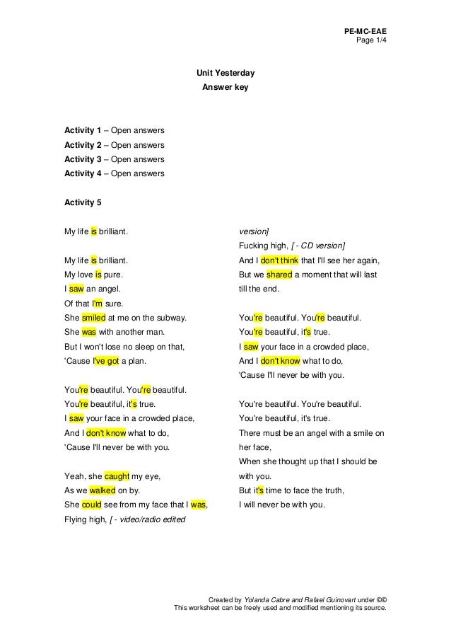 Yesterday answer key