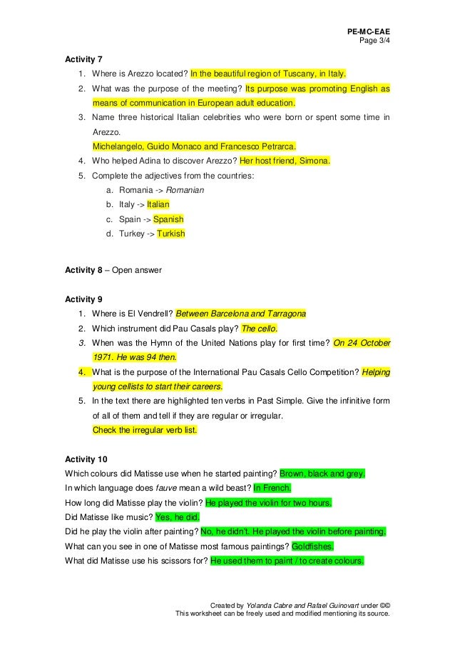 Yesterday answer key