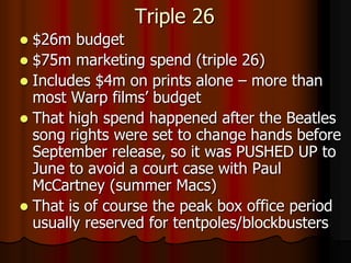 Triple 26
 $26m budget
 $75m marketing spend (triple 26)
 Includes $4m on prints alone – more than
most Warp films’ budget
 That high spend happened after the Beatles
song rights were set to change hands before
September release, so it was PUSHED UP to
June to avoid a court case with Paul
McCartney (summer Macs)
 That is of course the peak box office period
usually reserved for tentpoles/blockbusters
 