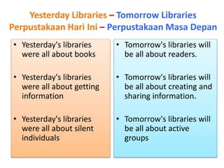 Yesterday Libraries – Tomorrow Libraries
Perpustakaan Hari Ini – Perpustakaan Masa Depan
• Yesterday's libraries
were all about books
• Yesterday's libraries
were all about getting
information
• Yesterday's libraries
were all about silent
individuals
• Tomorrow's libraries will
be all about readers.
• Tomorrow's libraries will
be all about creating and
sharing information.
• Tomorrow's libraries will
be all about active
groups
 