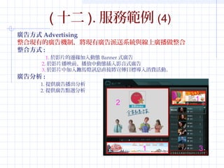 (ʮ).չ(4) 
V淽ʽAdvertising 
ϬFеďVCƣFЏVϵycϏV 
Ϸʽ: 
 1.ӰƬ߅ӑBBannerʽV 
2.ӰƬӳǰЄӑBӰʽV 
3.ӰƬмRӍϢֱӌĿˌMӡ 
V: 
1.ṩV沥 
2.ṩVcx 
2 1 
1 3 
 