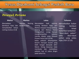 Matius Markus Lukas Yohanes
Maniadakan
(berdaun) hijau dan
menyebutkan hanya
ranting (matius 21:8)
Adanya Ranting
berdaun hijau
Meniadakan baik ranting-
ranting berdaun hijau dari
Markus maupun hanya ranting-
ranting dari Matius. Hanya
mengisahkan orang banyak
menghamparkan pakaian
mereka dijalan yang dilewati
Prosesi Yesus (Luk 19:36).
Kalau pakaian dihamparkan
berarti merujuk musim yang
lebih hangat daripada akhir
Maret. Orang biasanya tidak
membuka dan meletakkan
pakaian luar di udara dingin
pada tahun itu.
Menyebutkan bukan
ranting berdaun
hijau tetapi
melambai-lambaikan
“daun-daun palem”
yaitu daun-daun
pohon yang selalu
hijau (Yoh 12:13).
Petunjuk Pertama
 