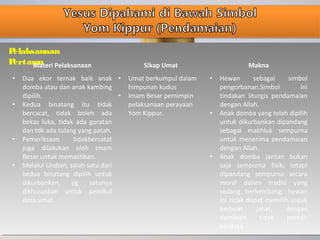 Pelaksanaan
PertamaMateri Pelaksanaan Sikap Umat Makna
• Dua ekor ternak baik anak
domba atau dan anak kambing
dipilih.
• Kedua binatang itu tidak
bercacat, tidak boleh ada
bekas luka, tidak ada guratan
dan tdk ada tulang yang patah.
• Pemeriksaan tidakbercatat
juga dilakukan oleh Imam
Besar untuk memastikan.
• Melalui Undian, salah satu dari
kedua binatang dipilih untuk
dikurbankan, yg satunya
dikhususkan untuk pemikul
dosa umat
• Umat berkumpul dalam
himpunan kudus
• Imam Besar pemimpin
pelaksanaan perayaan
Yom Kippur.
• Hewan sebagai simbol
pengorbanan.Simbol ini
tindakan liturgis pendamaian
dengan Allah.
• Anak domba yang telah dipilih
untuk dikurbankan dipandang
sebagai makhluk sempurna
untuk menerima pendamaian
dengan Allah.
• Anak domba jantan bukan
saja sempurna fisik, tetapi
dipandang sempurna secara
moral dalam tradisi yang
sedang berkembang; hewan
ini tidak dapat memilih untuk
berbuat jahat, dengan
demikian tidak pernah
berdosa
 