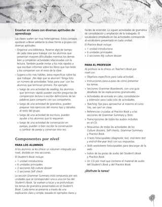 5
Enseñar en clases con diversas aptitudes de
aprendizaje
Las clases suelen ser muy heterogéneas. Estos consejos
ayudarán a llevar adelante la clase frente a grupos con
diversas aptitudes:
– 
Organice una biblioteca. Reserve algo de tiempo
de cada clase para trabajar con los alumnos que
presentan mayores dificultades mientras los demás
leen y completan actividades relacionadas con la
lectura. También puede invitar a los más rápidos a
que escriban informes sobre los libros que han leído
y los compartan con el resto de la clase.
– 
Sugiera a los más hábiles, áreas específicas sobre las
que trabajar. ¡No deje que se aburran! Tenga listo
un número de actividades ‘listas para usar’ con los
alumnos que terminan primero. Por ejemplo:
»
» luego de una actividad de reading, los alumnos
que terminan rápido pueden escribir preguntas de
comprensión lectora o escribir definiciones de las
palabras para compartir con sus compañeros.
»
» luego de una actividad de gramática, pueden
preparar más ejercicios del mismo tipo y dárselos
al resto del grupo.
»
» luego de una actividad de escritura, pueden
ayudar a los alumnos que lo requieran.
»
» luego de una actividad de conversación en
parejas, pueden o bien escribir la conversación
o cambiar de pareja y comenzar otra vez.
Componentes por nivel
PARA LOS ALUMNOS
A los alumnos se les ofrece un volumen integrado por
nivel, dividido en tres secciones.
El Student’s Book incluye:
»
» 1 unidad introductoria
»
» 6 unidades principales
»
» 2 secciones My culture dossier
»
» 2 secciones Self check
La sección Grammar Summary está compuesta por seis
unidades que se corresponden una a una con las del
Student’s Book. Se vuelven a tocar y se profundizan
los temas de gramática presentados en el Student’s
Book. Cada tema se presenta a través de una
explicación clara y simple, basada en ejemplos claros y
fáciles de entender. Lo siguen actividades de gramática
de consolidación y ampliación de lo trabajado. El
vocabulario empleado en las actividades corresponde
al vocabulario presentado en cada unidad.
El Practice Book incluye:
»
» 1 unidad introductoria
»
» 6 unidades principales
»
» 2 secciones My culture dossier
PARA EL PROFESOR
Al profesor se le ofrece un Teacher’s Book por
nivel con:
»
» Objetivos específicos para cada actividad.
»
» Instrucciones paso-a-paso de cómo presentar
los temas.
»
» Secciones Grammar Boardwork, con una guía
detallada de las explicaciones gramaticales.
»
» Actividades de entrada en calor, consolidación
y extensión para cada ciclo de actividades.
»
» Teaching Tips para aprovechar al máximo el curso
Yes, we can! en clase.
»
» Referencias cruzadas al Practice Book y a las
secciones de Grammar Summary y Tests.
»
» Transcripciones de todos los audios incluidos
en el CD.
»
» Respuestas de todas las actividades de los
Culture dossiers, Self checks, Grammar Summary
y Practice Book.
»
» 3 tests fotocopiables (diagnostic test, mid-term test
y end-of-the-year test) con sus respuestas.
»
» Skills worksheets fotocopiables para descargar de la
web.
»
» Índice de las pistas de audio del Student’s Book
y Practice Book.
»
» Un CD por nivel que contiene el material de audio
del Student’s Book y del Practice Book.
¡Disfrute la tarea!
 