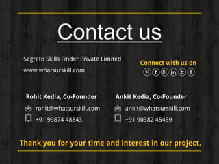 Ankit Kedia, Co-Founder
ankit@whatsurskill.com
+91 90382 45469
Contact us
Segreto Skills Finder Private Limited
www.whatsurskill.com
Connect with us on
Rohit Kedia, Co-Founder
rohit@whatsurskill.com
+91 99874 48843
Thank you for your time and interest in our project.
 