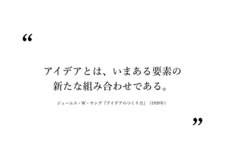アイデアとは、いまある要素の
新たな組み合わせである。
ジェームス・W・ヤング『アイデアのつくり方』（1939年）
 