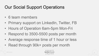 #SFsummit
Our Social Support Operations
• 6 team members
• Primary support on LinkedIn, Twitter, FB
• Hours of Operation 6am-5pm Mon-Fri
• Respond to 3500-5500 posts per month
• Average response time of 1 hour or less
• Read through 90k+ posts per month
15
 