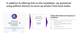 16
In addition to offering links to the candidates, we pioneered
using political districts to serve up articles from local...