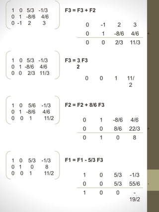 1 0 5/3 -1/3
0 1 -8/6 4/6
0 -1 2 3
F3 = F3 + F2
0 -1 2 3
0 1 -8/6 4/6
0 0 2/3 11/3
+
1 0 5/3 -1/3
0 1 -8/6 4/6
0 0 2/3 11/3
F3 = 3 F3
2
0 0 1 11/
2
1 0 5/6 -1/3
0 1 -8/6 4/6
0 0 1 11/2
F2 = F2 + 8/6 F3
+
0 1 -8/6 4/6
0 0 8/6 22/3
0 1 0 8
1 0 5/3 -1/3
0 1 0 8
0 0 1 11/2
F1 = F1 - 5/3 F3
-
1 0 5/3 -1/3
0 0 5/3 55/6
1 0 0 -
19/2
 