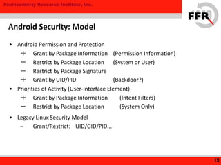 Fourteenforty Research Institute, Inc.
• Android Permission and Protection
＋ Grant by Package Information (Permission Information)
－ Restrict by Package Location (System or User)
－ Restrict by Package Signature
＋ Grant by UID/PID (Backdoor?)
• Priorities of Activity (User-Interface Element)
＋ Grant by Package Information (Intent Filters)
－ Restrict by Package Location (System Only)
• Legacy Linux Security Model
– Grant/Restrict: UID/GID/PID...
15
Android Security: Model
 