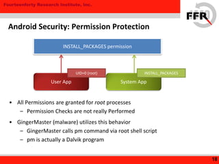 Fourteenforty Research Institute, Inc.
• All Permissions are granted for root processes
– Permission Checks are not really Performed
• GingerMaster (malware) utilizes this behavior
– GingerMaster calls pm command via root shell script
– pm is actually a Dalvik program
18
Android Security: Permission Protection
User App System App
INSTALL_PACKAGES permission
UID=0 (root) INSTALL_PACKAGES
 