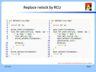 9/3/16 29/60
What is RCU, again
●
Read-Copy Update
●
A kind of read-write synchronization mechanism
●
A publish-subscribe mechanism[5]
●
A poor man's garbage collector[5]
 