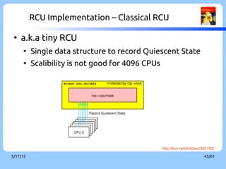 9/3/16 43/60
RCU Implementation – Hirarchical RCU
●
a.k.a tree RCU
●
Towards a more scalable RCU implementation
●
Default solution in Linux kernel
http://lwn.net/Articles/305782/
 
