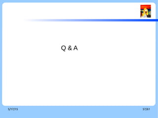 9/3/16 57/60
Reference
[1] McKenney, Paul E., “Introduction to RCU”
[2] McKenney Paul E. (Oct. 2006), “Sleepable RCU”, LWN
[3] McKenney Paul E. (Feb. 2007), “Priority-Boosting RCU Read-Side Critical Sections ”, LWN
[4] McKenney, Paul E.; Walpole, Jonathan (Dec. 2007), “What is RCU, Fundamentally?”, LWN.
[5] McKenney Paul E. (Dec. 2007), “What is RCU? Part 2: Usage”, LWN.
[6] McKenney Paul E. (Dec. 2008), “Hierarchical RCU”, LWN.
[7] McKenney Paul E. (Nov. 2013), “User-space RCU”, LWN
[8] McKenney, Paul E. (Sep. 2009), “RCU and Breakage ”, presented to Netconf 2009
[9] McKenney, Paul E. (May 2014), “What Is RCU? ”, presented to TU Dresden Distributed OS class
[10] Jake (Sep. 2014), "The RCU API tables", LWN.
[11] Wiki: “Load-link/store-conditional”
[12] Wiki: “Memory Barrier”
[13] Wiki: “Read-Copy Update”
 