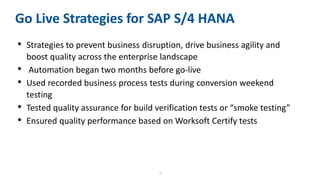 20
Go Live Strategies for SAP S/4 HANA
• Strategies to prevent business disruption, drive business agility and
boost quality across the enterprise landscape
• Automation began two months before go-live
• Used recorded business process tests during conversion weekend
testing
• Tested quality assurance for build verification tests or “smoke testing”
• Ensured quality performance based on Worksoft Certify tests
 