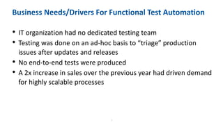 9
Business Needs/Drivers For Functional Test Automation
• IT organization had no dedicated testing team
• Testing was done on an ad-hoc basis to “triage” production
issues after updates and releases
• No end-to-end tests were produced
• A 2x increase in sales over the previous year had driven demand
for highly scalable processes
 